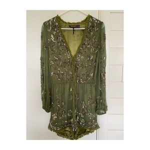 Free people olive embellished green jumpsuit